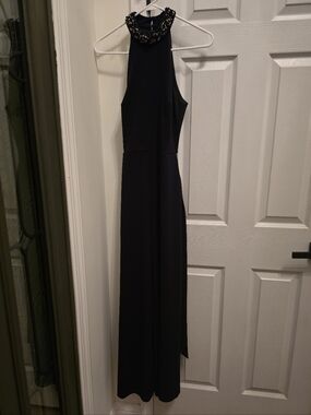 Badgley Mischka Navy Halter Jumpsuit with Side Pockets and Beaded Neckline